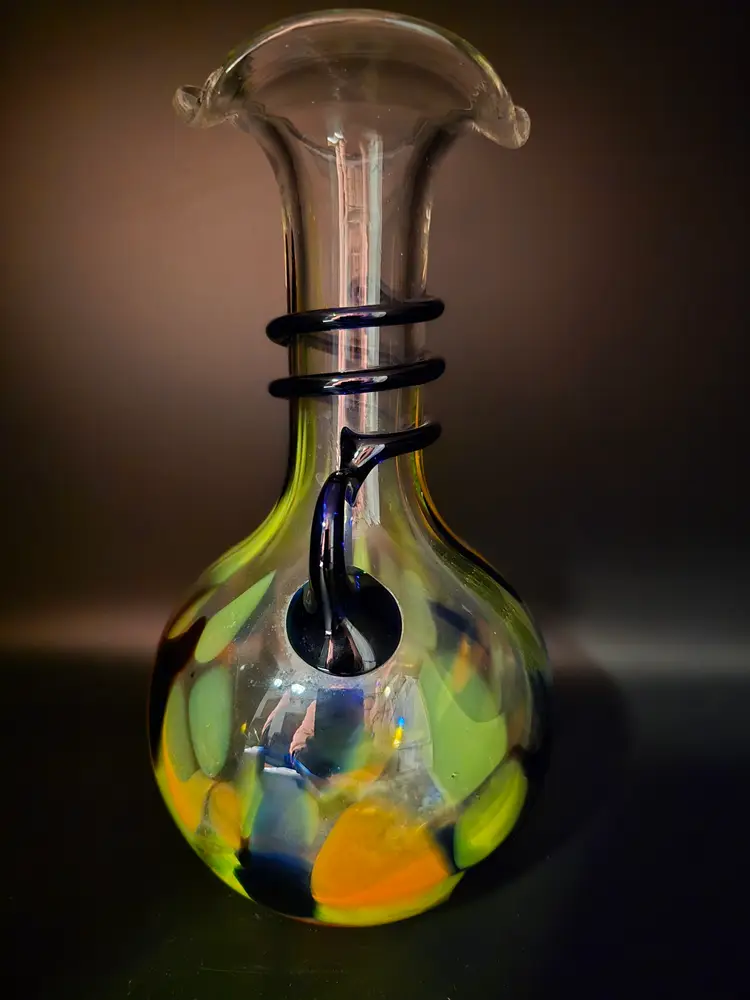 Vintage Italian Style Confetti Blown Glass Vase with Applied Cobalt Swirled Handle