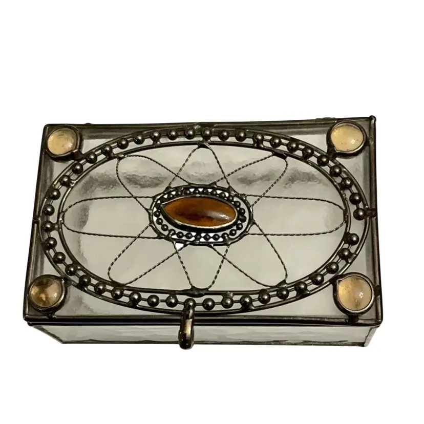Vintage Retro Clear Brushed Glass Trinket Box W/ Metal Beads And Amber Glass Embellishments 2 12/“ X 5 7/8” X 3 1/2”- READ