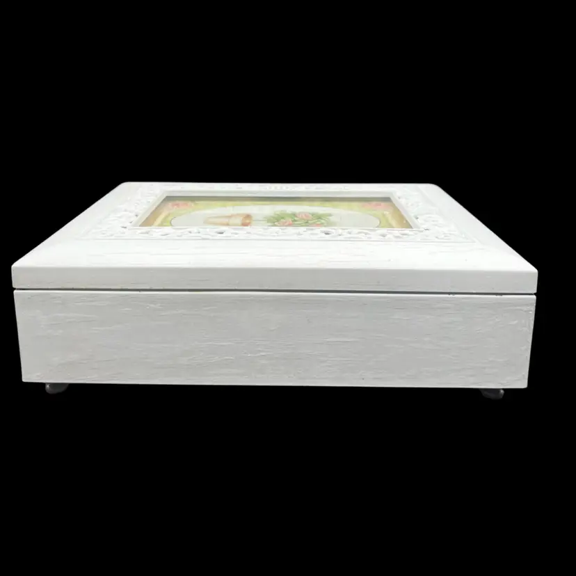 #209A Vintage Velvet Lined White Wooden Jewelry Box With Pink Floral Picture. Cutout Detail Framing The Picture.