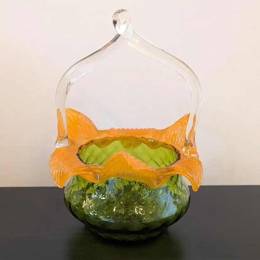 Antique Kralik Green & Orange Bohemian Floriform Diamond Basket Orange Leaves