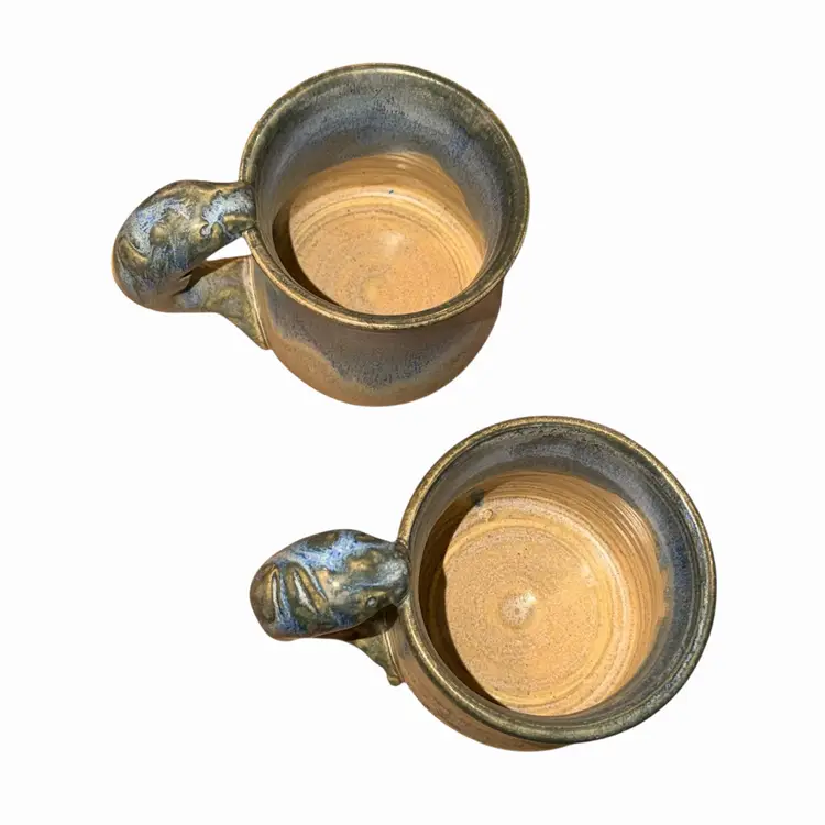 Handmade Studio Pottery Manatee Mug Set Coastal Florida Artisan Coffee Cups Sculptural Handle Blue Drip Glaze Rustic Pottery Pair