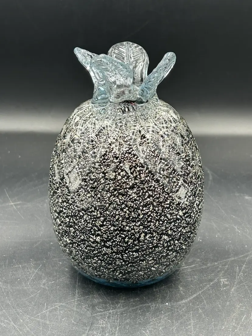 Italian Hand Blown Glass Black-And-White Speckled Pineapple Figurine/Paperweight