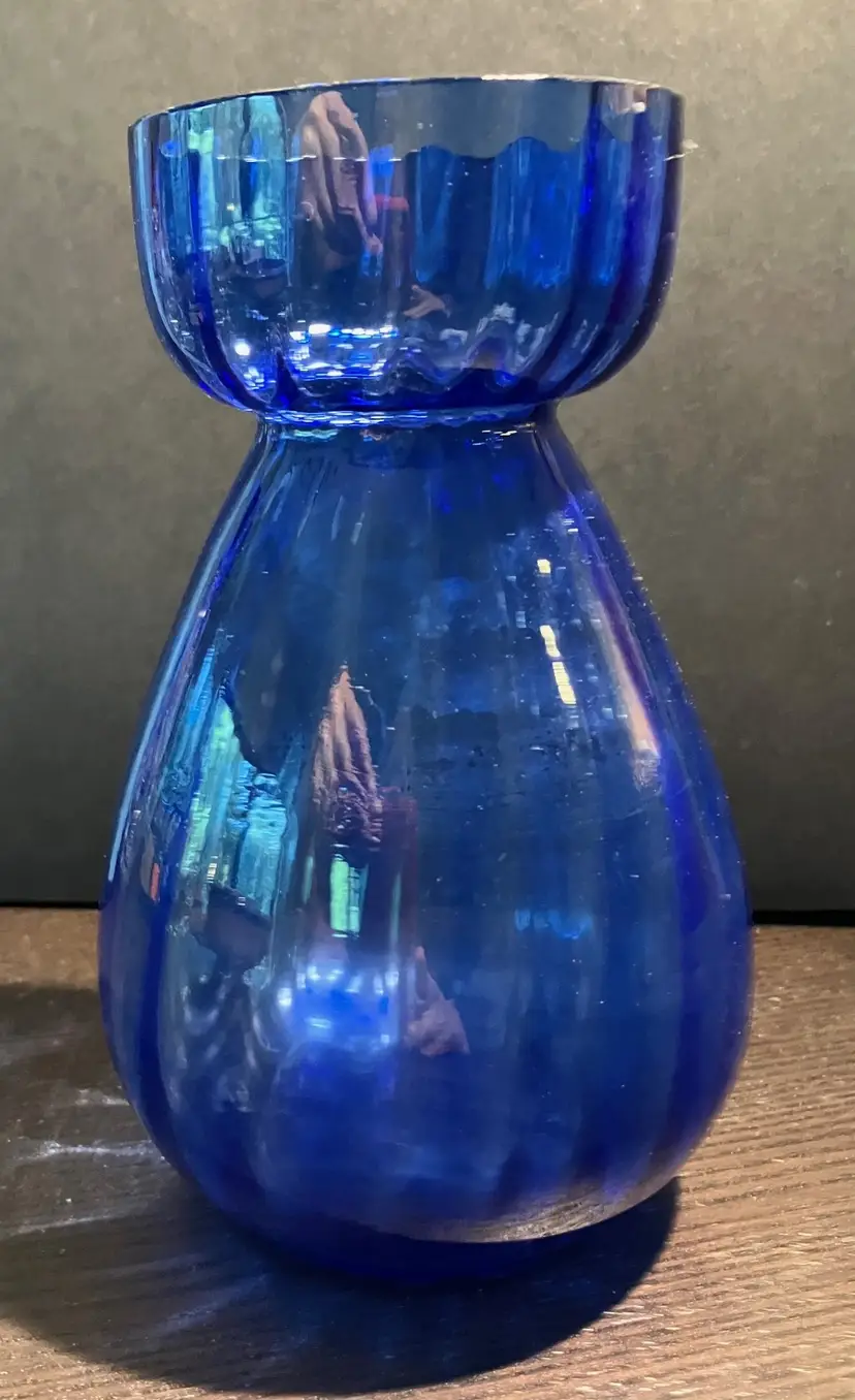 Cobalt Blue Ribbed Flare Top Glass Vase