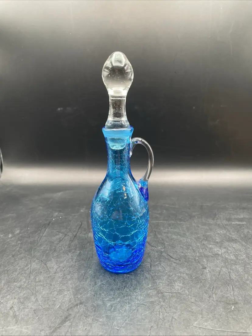 VTG Blue Crackle Hand Blown Pilgrim Glass Cruet/Pitcher With Stopper