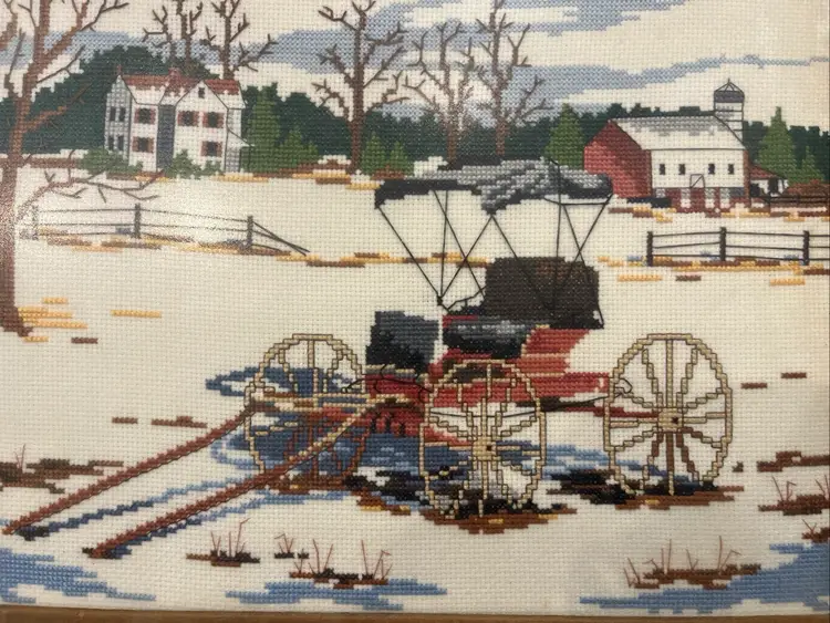 Handmade Completed Cross Stitch  “SNOWY SURREY” ~ Rustic Wood Frame ~ Beautiful