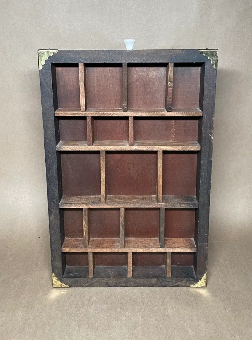 Rustic Divided Wooden Miniature Wall Display Curio Cabinet with Brass Accents