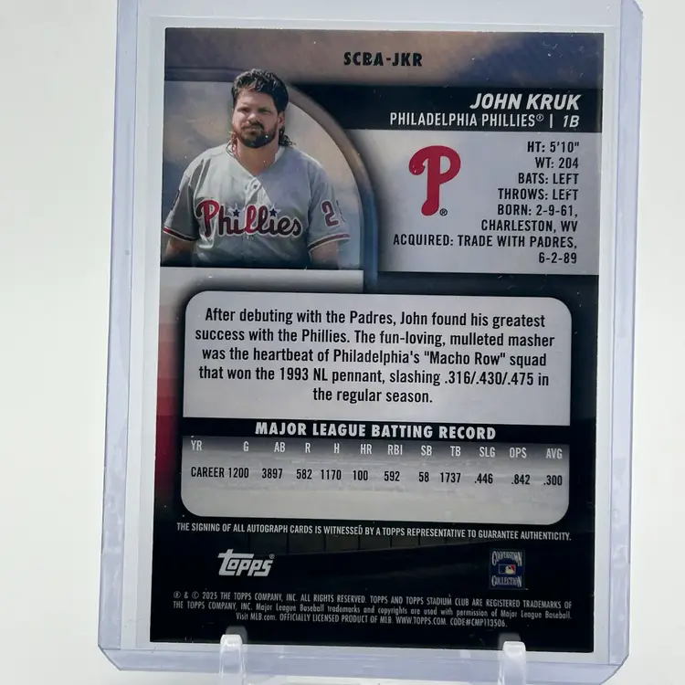 John Kruk 2025 Stadium Club Auto Philadelphia Phillies