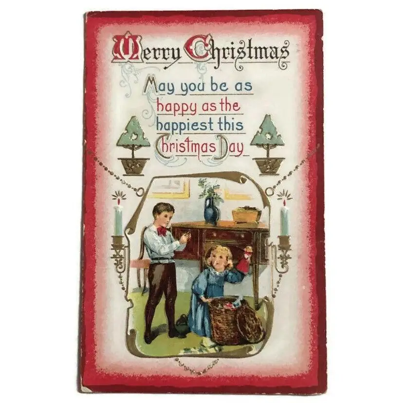 1911 MERRY CHRISTMAS POSTCARD CHILDREN OPENING PRESENTS HAPPY HAPPIEST DAY KIDS