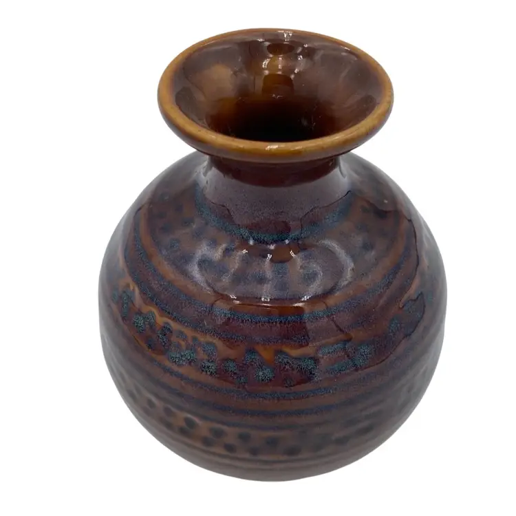 Deep Brown Pottery Bud Vase, Textured Designs w/Blue & Purple Highlights