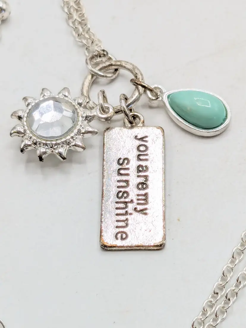 You Are My Sunshine Charm Necklace with Sun and Teardrop Pendants Silver Tone
