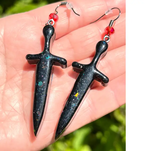 Resin & Glitter Dagger Earrings In Black With  Red Crystal Dangle. Handmade By Me! 🫶