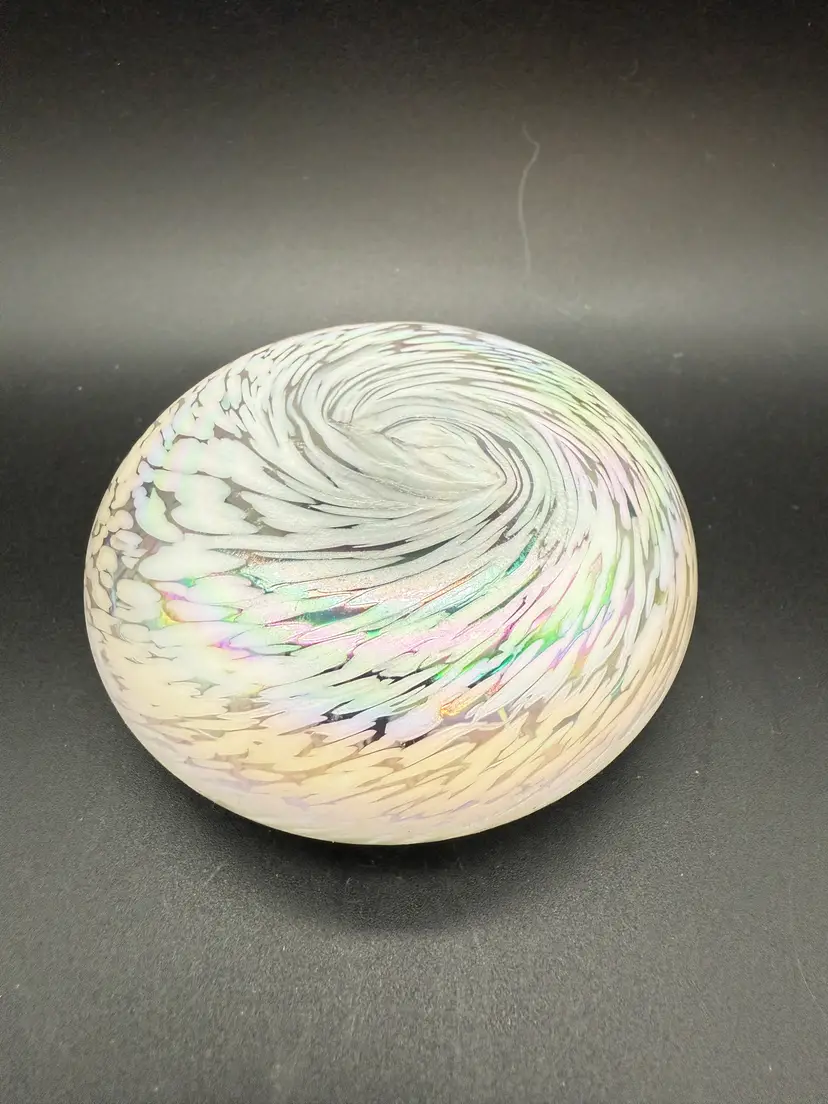 Art Glass Iridescent White Swirl Paperweight