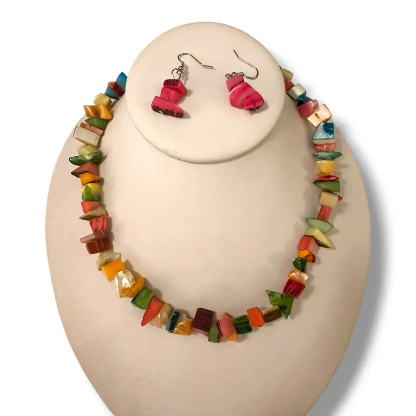 Colorful Rainbow Mother Of Pearl Seashell Necklace & Pierced Earring Set. Adjustable Length
