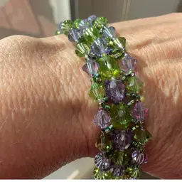 Purple Green Swarovski Crystal Bracelet with Gold Filled Filagree Box Clasp Artisan Made 7”