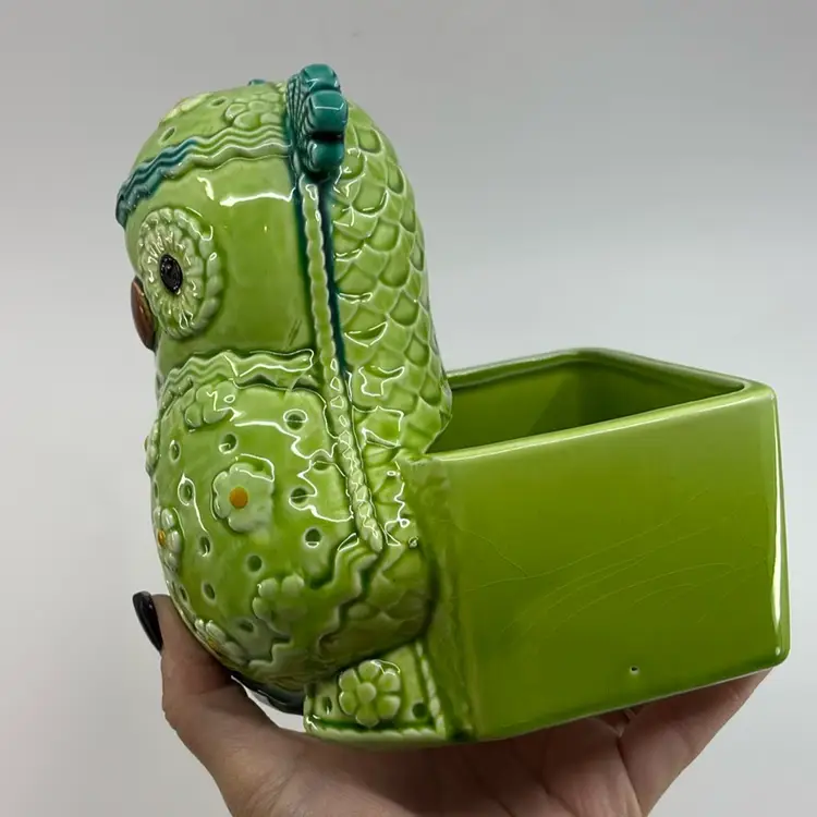 Lefton Groovy Kitsch Green Floral Owl Planter 6.5”