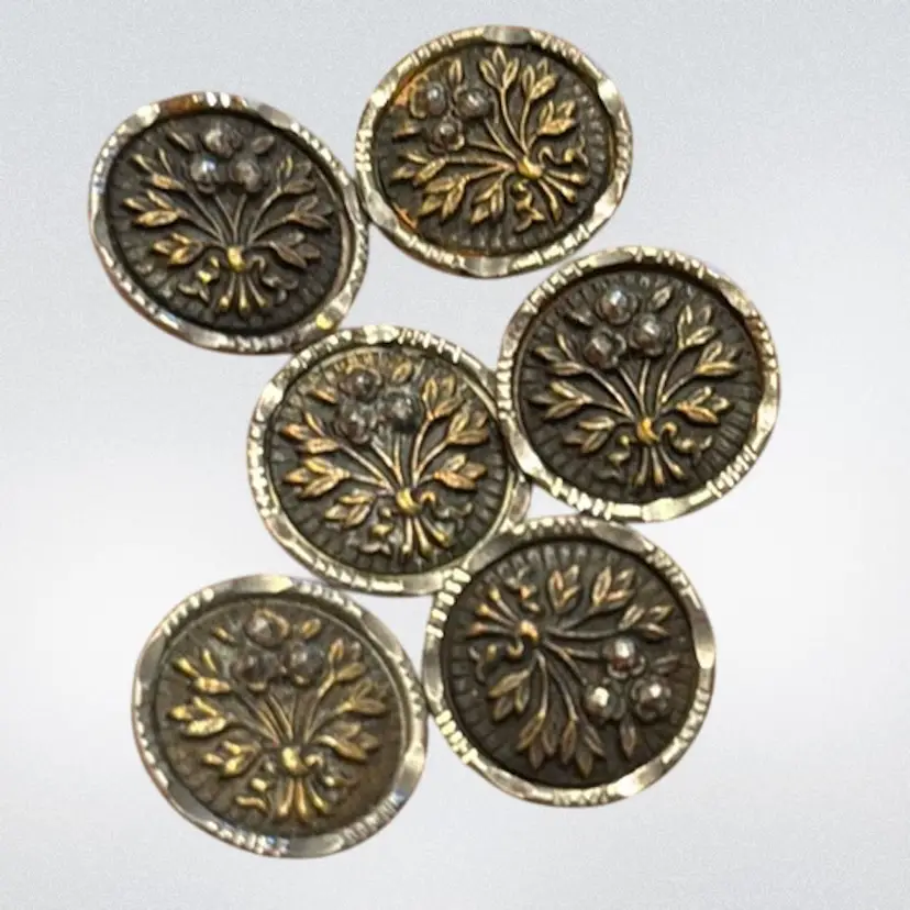 Antique Victorian Lot (6) Steel Cup & Cut Steel Floral Matching Metal Buttons, .75”