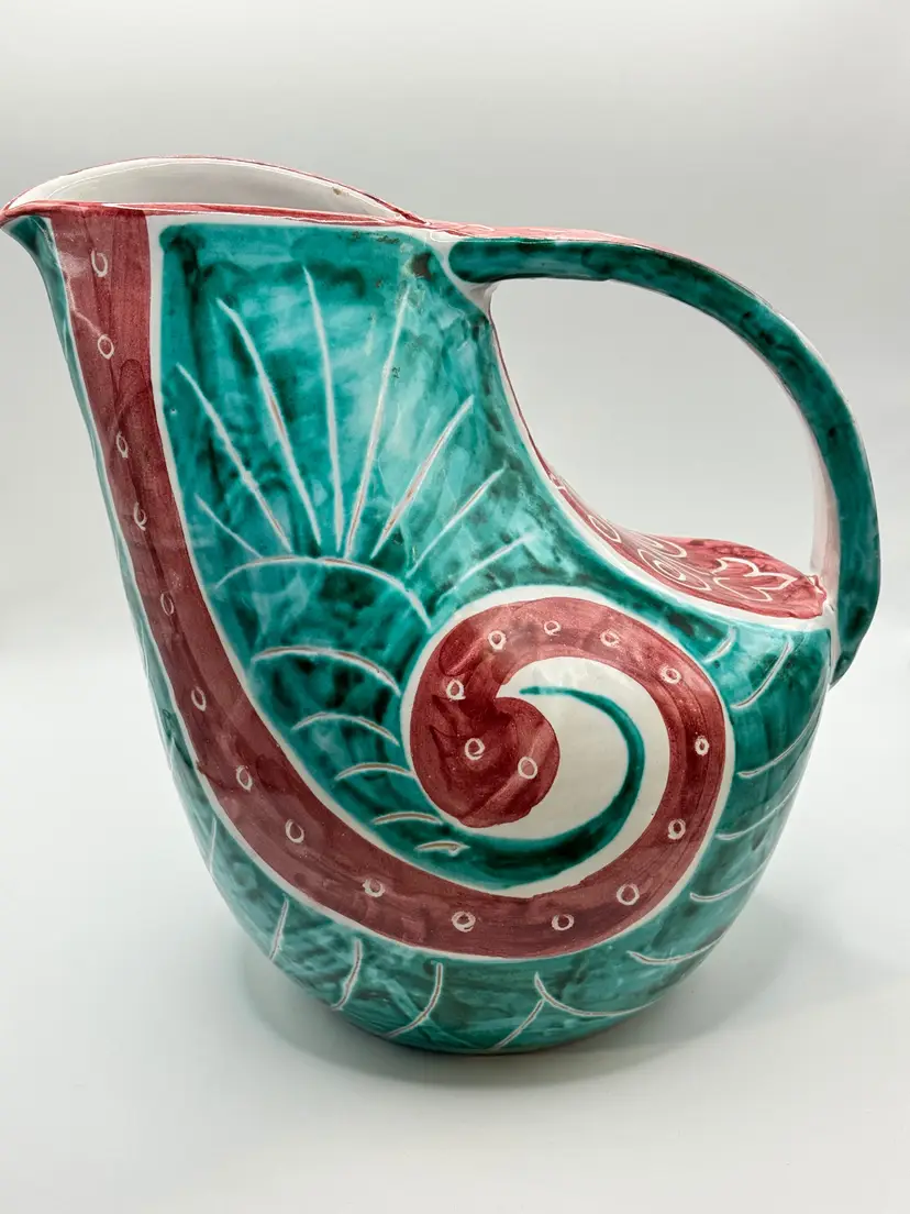 Vintage Italian Art Deco Style Ceramic Pitcher, Handcrafted Pottery, Vibrant Teal & Maroon Swirl Design, Collectible Kitchenware, Signature For Paul’s, Made In Italy