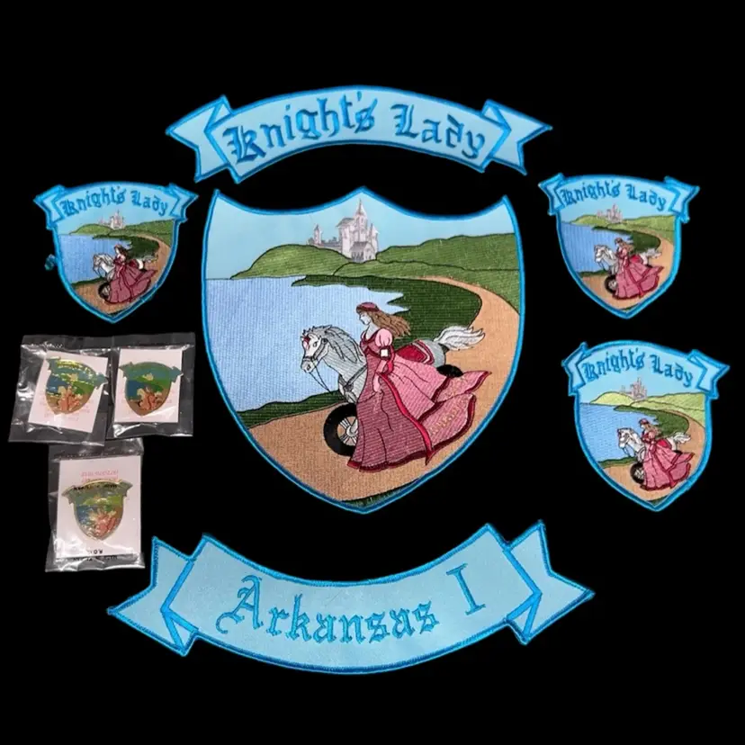 MARKDOWN! Blue Knights Law Enforcement Motorcycle Club Knights Lady Arkansas I Back Patch 3pc Set, 3 Color Pins, 3 Crest Patches
