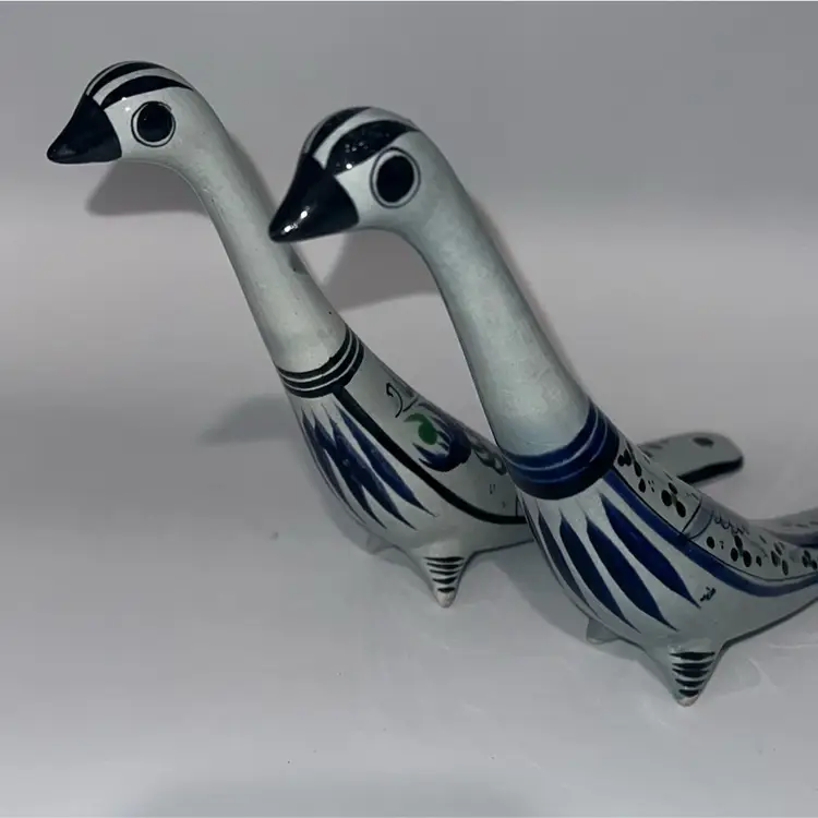 PAIR of Hand Painted Mexican Folk Art Pottery Tonala Bird Figurines
