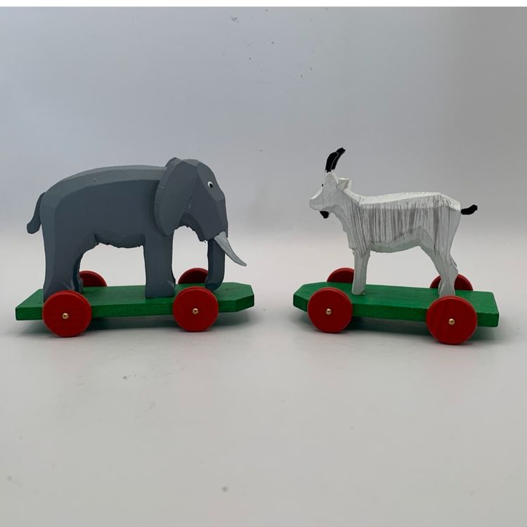 Erzgebirge Germany Miniature Elephant & Goat On Wheels. By C. F. Drechsel Grunhainichen. Approx. 3.25” Tall