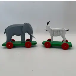 Erzgebirge Germany Miniature Elephant & Goat On Wheels. By C. F. Drechsel Grunhainichen. Approx. 3.25” Tall