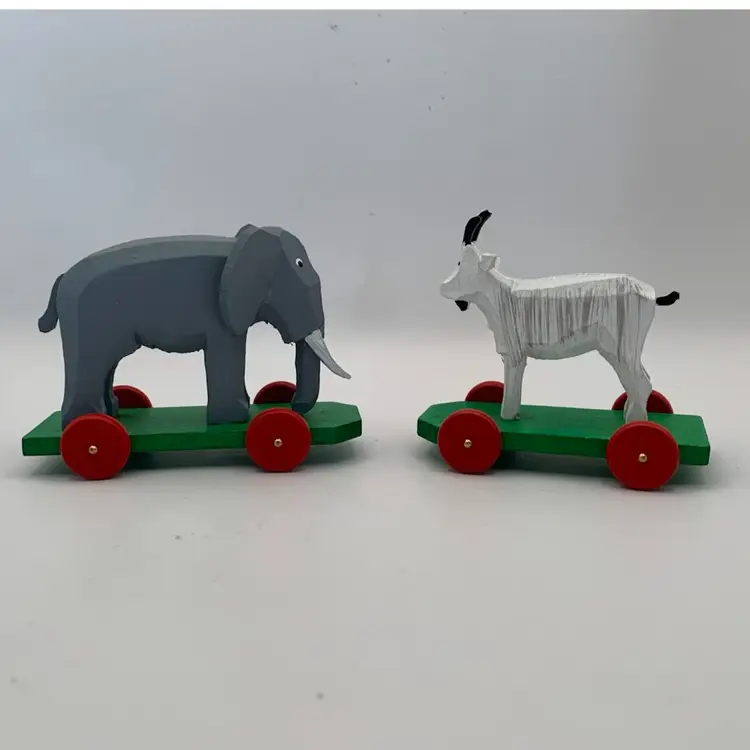Erzgebirge Germany Miniature Elephant & Goat On Wheels. By C. F. Drechsel Grunhainichen. Approx. 3.25” Tall