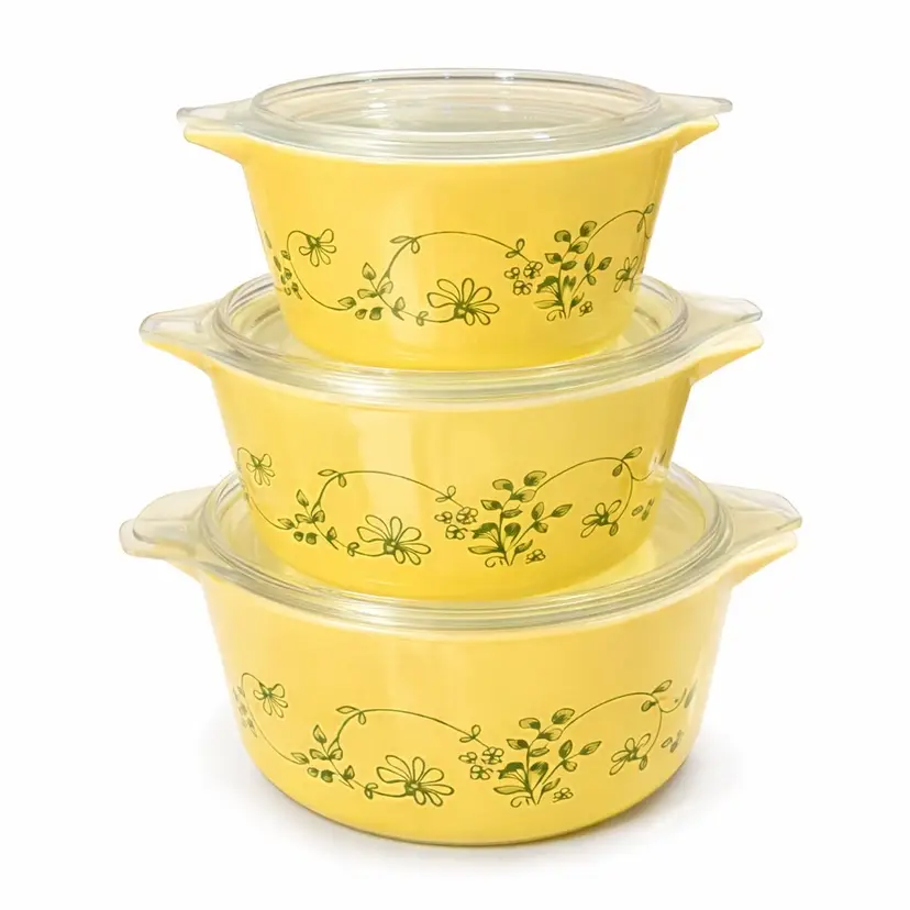 Retro Yellow Floral Casserole Dishes with Glass Lids | Vintage Nesting Bakeware Set | Farmhouse Cottagecore Kitchen Decor