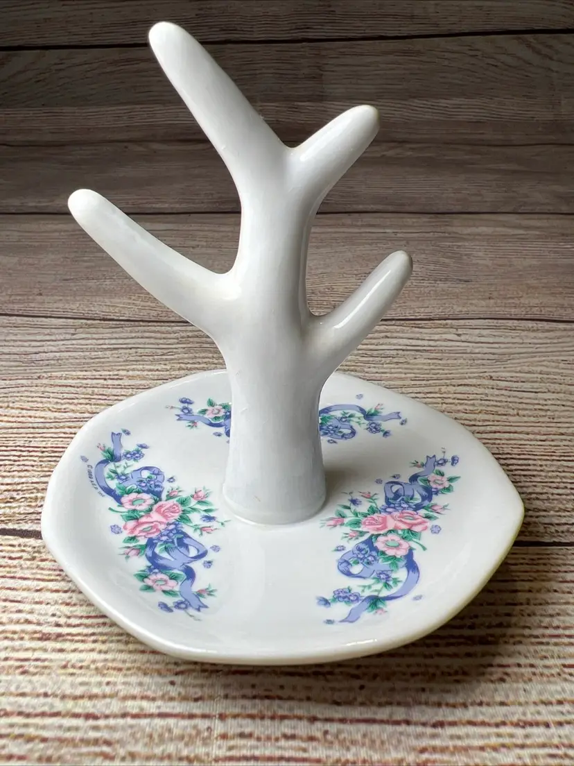 Vtg Albert Price Porcelain Ring Tree Holder Dish 1989 White Blue Pink Roses 4”