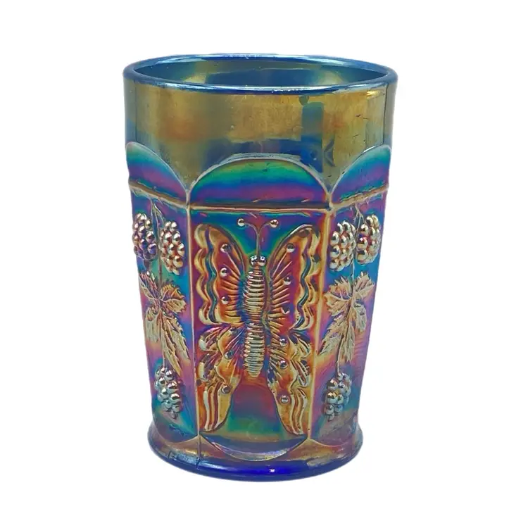 Fenton Royal Blue Carnival Glass Butterfly & Berry Pattern Tumbler READ