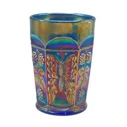 Fenton Royal Blue Carnival Glass Butterfly & Berry Pattern Tumbler READ
