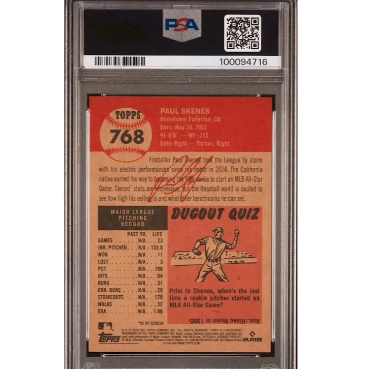 PAUL SKENES 2024 Topps MLB Living Set #768 PSA 10 Pittsburgh Pirates Rookie Card RC