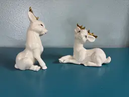 Set of Vintage Mid-Century White Ceramic Deer Figurine Gold Antlers Christmas Decor
