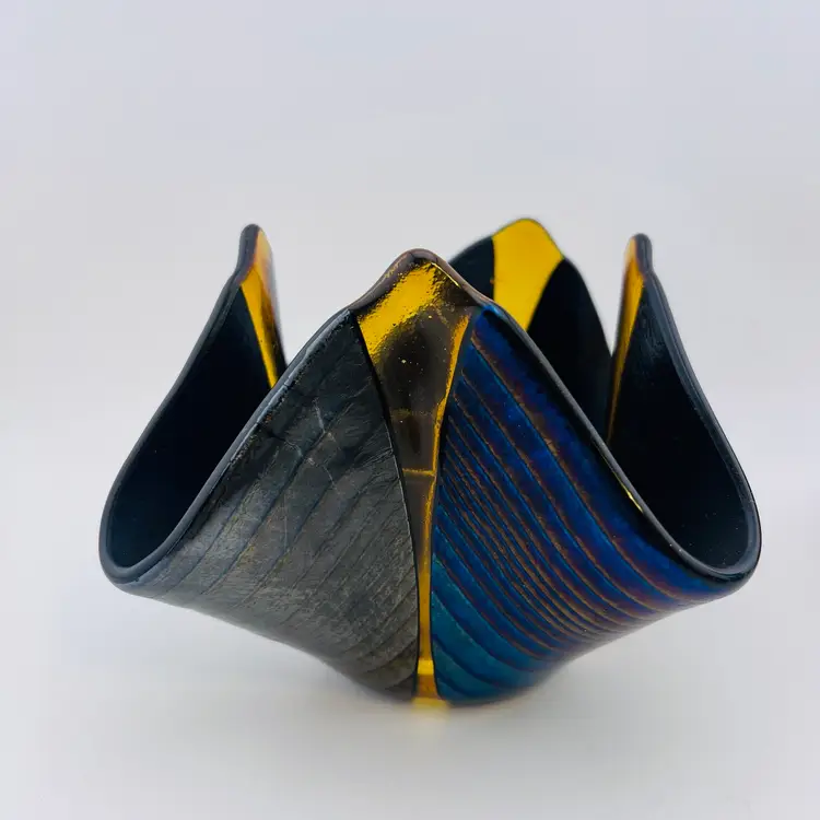 For The Art Glass Lover! 🎁 Beautiful Signed S Spalding 2002 Metallic Oil Spill And Amber Fluted Votive Bowl 4”x 6”