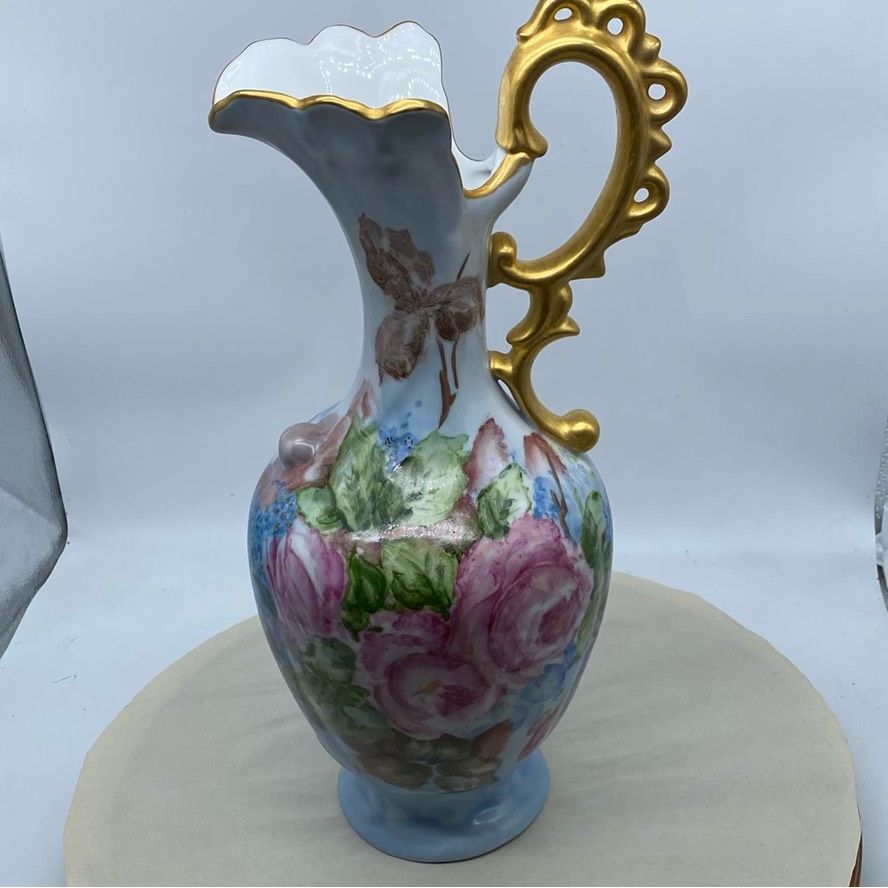 Niknax · #2108 Water Pitcher hand Painted Gold Ornate Handle Pink
