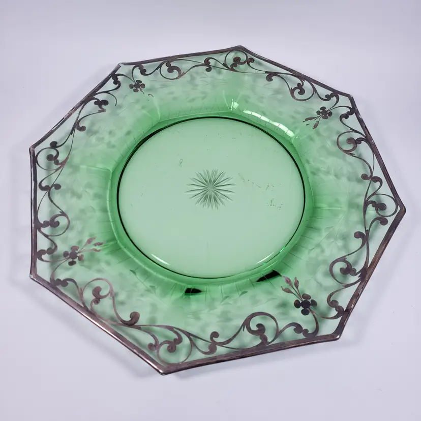 ART DECO Green Uranium Silver Overlay Octagonal Etched ELEGANT GLASS PLATTER