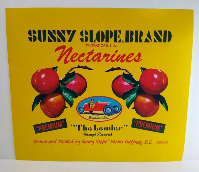 Sunny Slope Nectarines Fruit Crate Label Race Car Auto Original Vintage 1960's