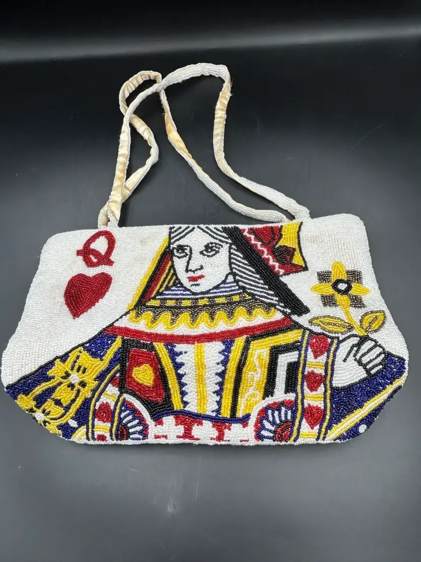Vintage Beaded Charm And Luck, Jenny Syquia Queen Playing Card Design Purse