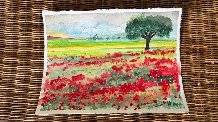 Warren C Plauche Poppy Fields Signed Original Watercolor Painting 11x15 Art