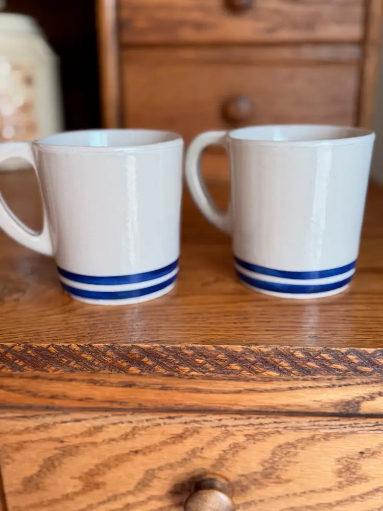 Vintage RRP Co Roseville Ohio Stoneware Mug Set Blue Stripe Coffee Cups Farmhouse Kitchen Rustic Americana Pottery Pair