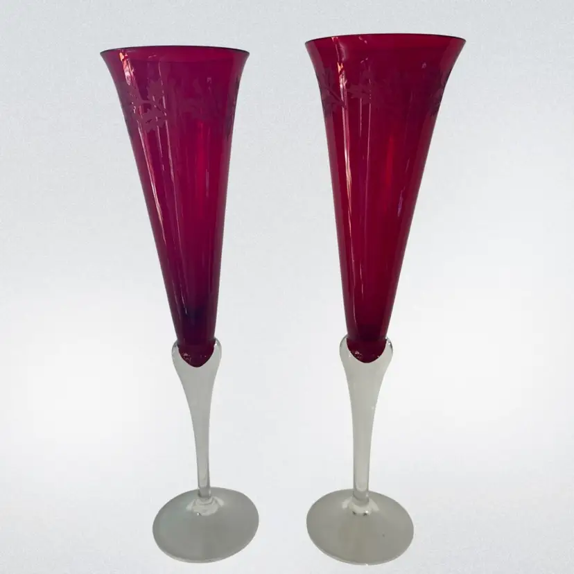 Vintage Holiday Gem Lenox Ruby Red with Etched Holly Champagne Flute Pair 11”