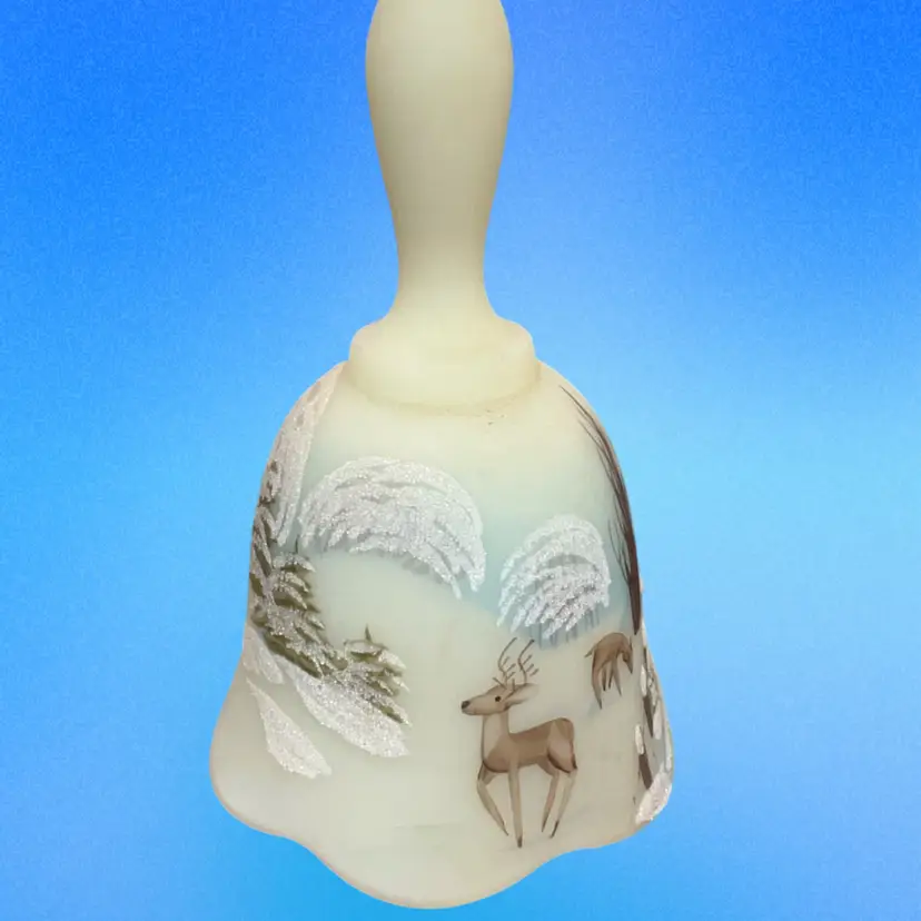 Vtg 1979 Fenton Custard Satin Glass Bell Uranium Christmas  Deer Snow 6" Signed