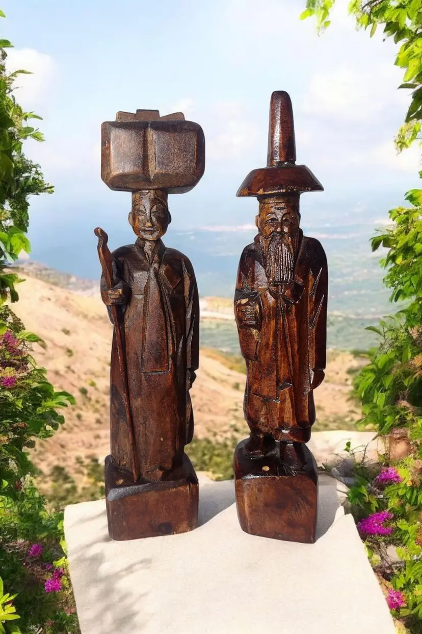 Vintage Hand Carved Wood Asian Man Woman Figurines Decor Missing 1 Walking Stick