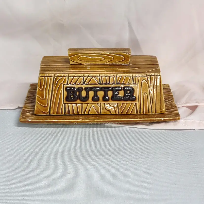 Vintage Ceramic Wood Grain 2 Piece Butter Dish Keeper Holder Lidded Retro