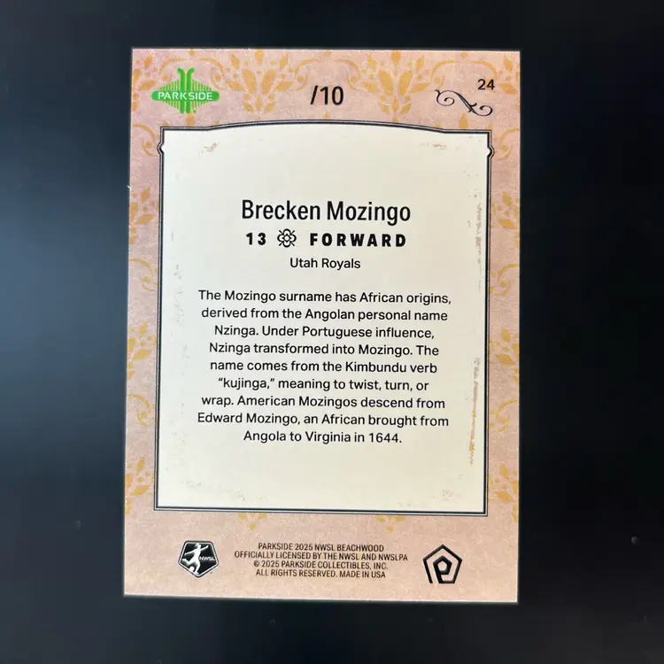 Brecken Mozingo 2025 Parkside Beachwood Brand Lineage Purple /10 Soccer Card