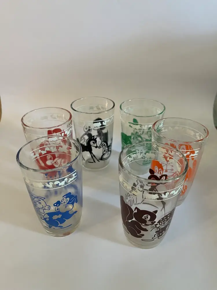 Set 6 Vintage 1950s Hazel Atlas Kraft Swanky Swigs Animal Juice Glasses