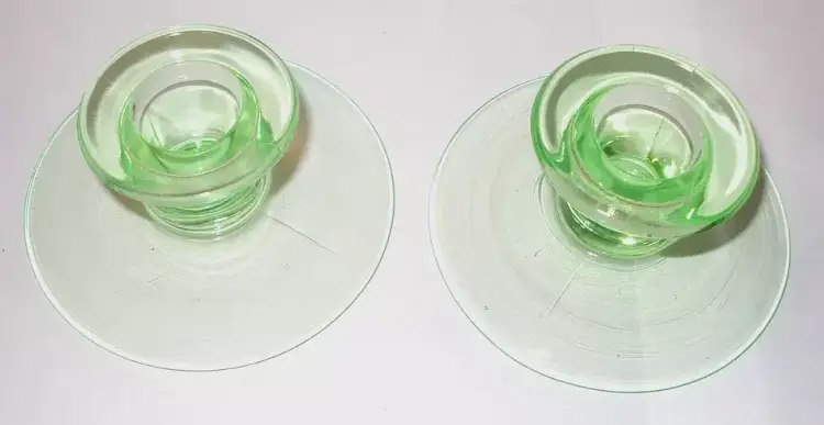 Vintage Pair Uranium Glass Green Candlestick Holders Black Light UV Reactive Glows