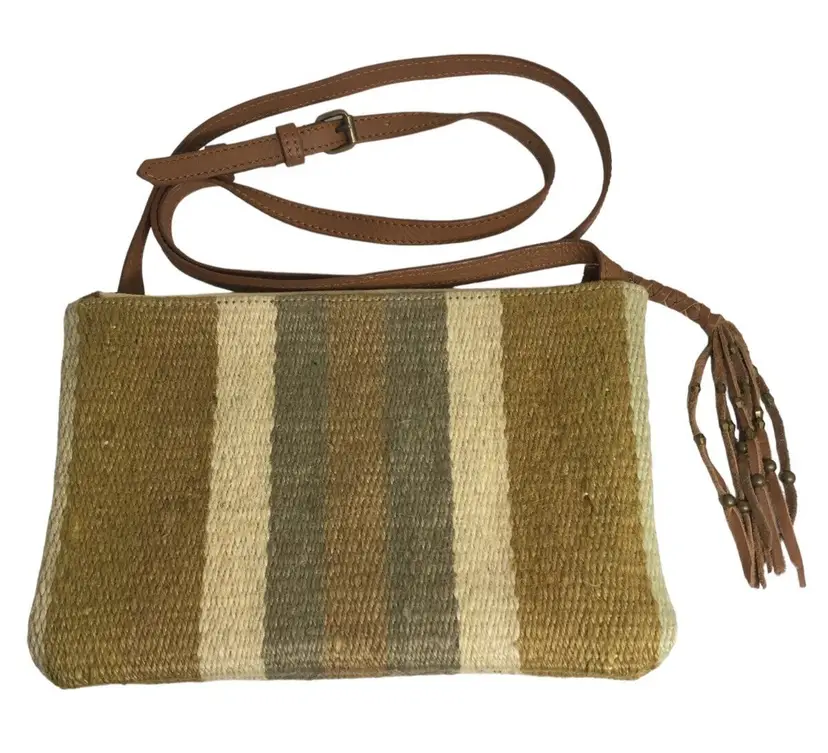 Lucky Brand Crossbody Canvas Purse Golden Earthtones Leather Strap Zipper Tassel