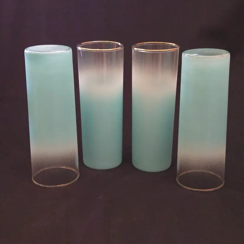 Blendo Ombre Glasses Gold Rim (Set of 4) Turquoise Teal Frosted Tom Collins 6¾" Tall Vintage