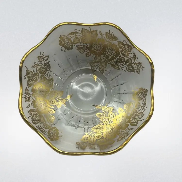 Vintage Baroque Gold Floral And Foliage Overlay Glass Bowl, 6” Diameter