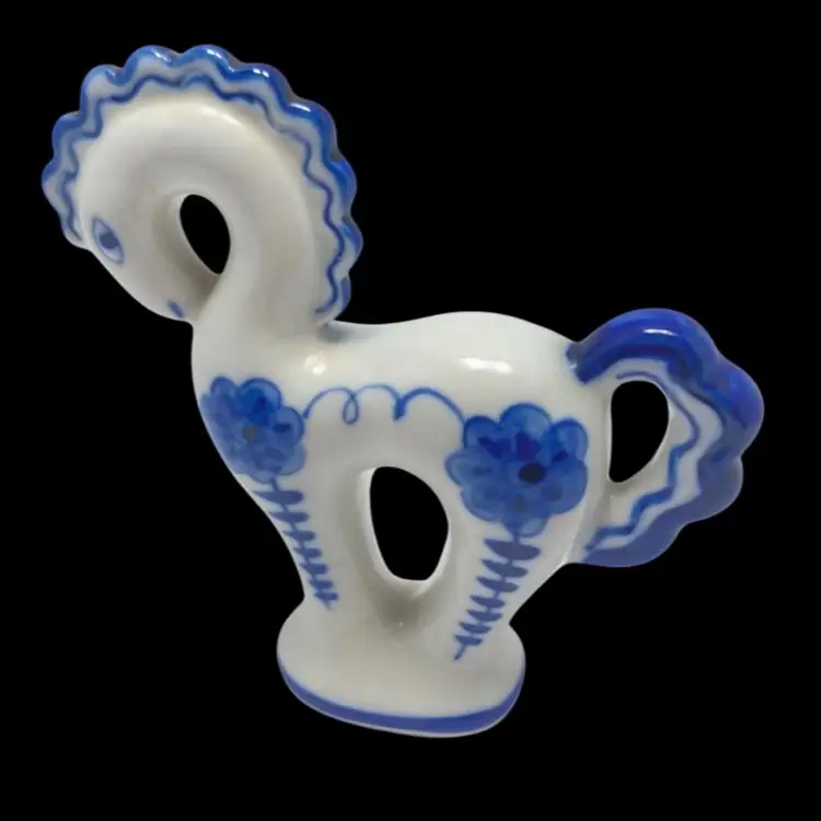 Gzhel Porcelain Blue And White Horse Figurine Marked USSR